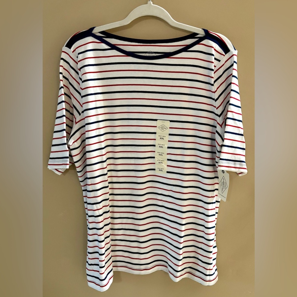 St. John's Bay Size XXL White Tee w/ Navy & Red Stripes, NWT